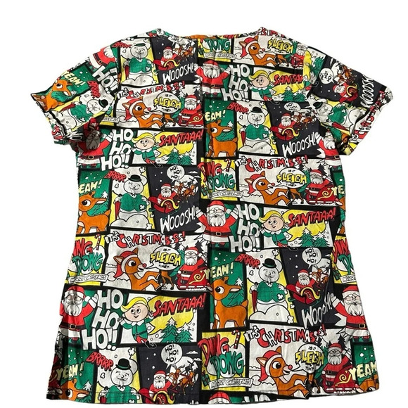 Rudolph The Red Nosed Reindeer Womens Comic Strip Christmas Holiday Scrub Top - Picture 2 of 3